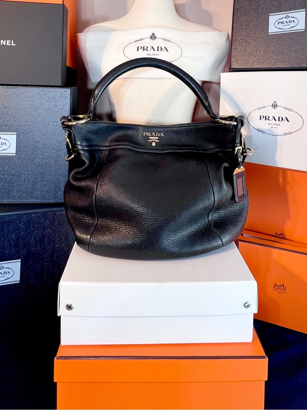 Prada Black Pebbled Leather Shoulder Bag/Gold Hardware!🌟 Always open to offers!